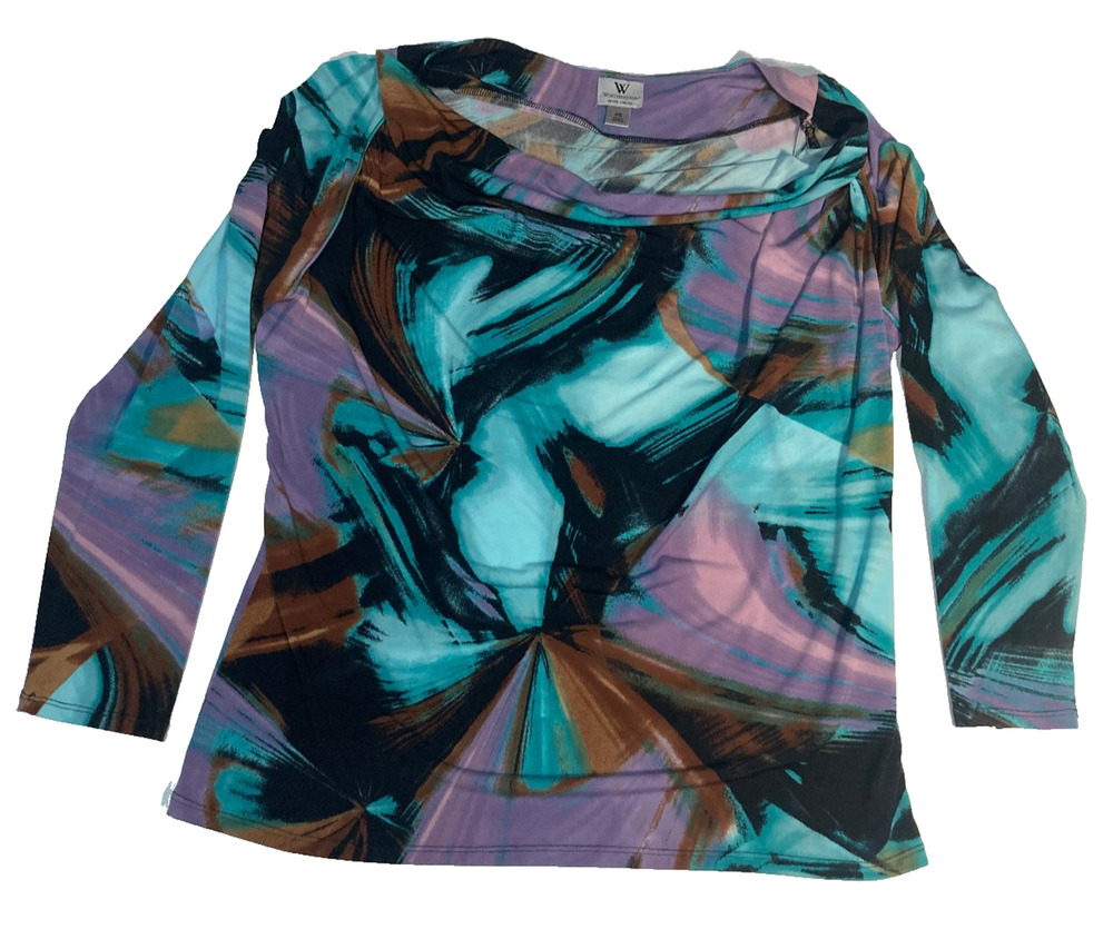 Worthington womens long sleeve blouse cowl neck abstract blue purple brown PS
